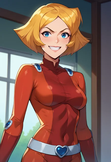 score_9, score_8_up, score_7_up, score_6_up, score_5_up, score_4_up, BREAK 1girl, clover \(totally spies\), blonde hair, short hair, blue eyes, (red bodysuit:1.2), belt, grin, looking at viewer, standing, upper body, indoors, pov <lora:brj-cloverXL-pony-v0.5:1>