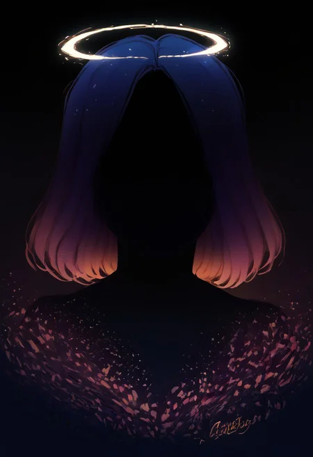 uru5h1h4r4, 1girl,realistic,score_9,score_8_up,score_7_up,score_6_up,score_5_up,score_4_up glowing frame,backlight colors,silhouette colors,cosmic frame,beautiful woman in a frame, (G4L4XY3Y3S), silhouette,backlighting,vibrant,magical night sky, (angel), wings, feathered wings, paranormal, blushing, shy, (averting eyes), lips, circlet, gradient hair, sidelocks, illustration,soft,beautiful,dreamy, anime, twinkling night sky,extremely detailed, illustration,half colored sketch,anime,masterpiece,bright colors,high contrast,vivid lighting,dark background,simple background, BL4CK3STBL4CK, black_theme, matte_color, flat_color