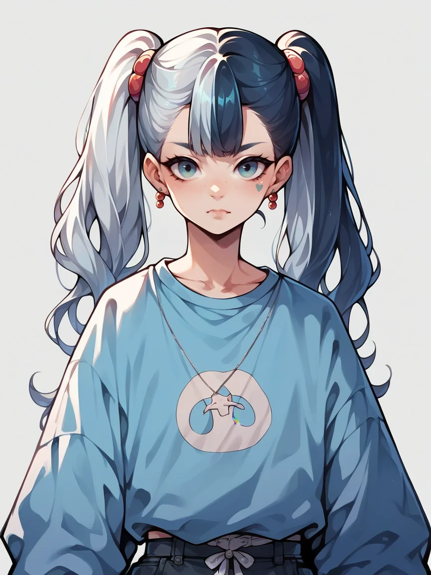 score_9, score_8_up, score_7_up, score_6_up, score_5_up, <lora:spl1th41rXLP:1> spl1th41r, two tone hair, 1girl, blue grey hair, twintails,