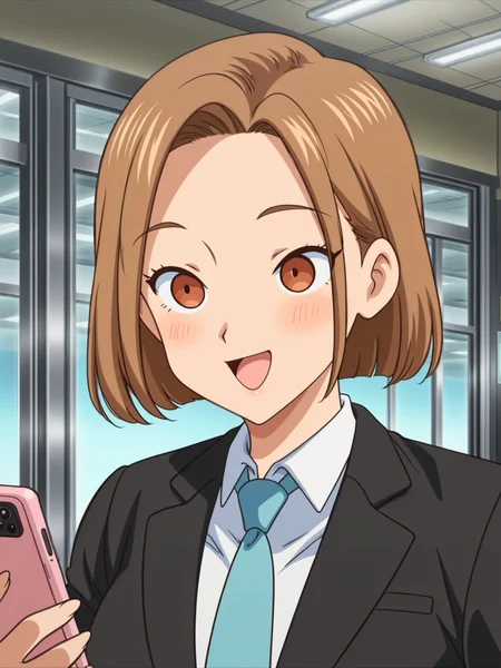anime coloring, anime screencap, masterpiece, best quality, amazing quality,
inside, in a company office,
<lora:Aoi_and_Yuko_Nikuen:1>
Aoi's friend (character), 1girl, phone, cellphone, brown hair, solo, smartphone, brown eyes, necktie, holding phone, holding, emphasis lines, short hair, open mouth, suit, formal, mouth open, :D, happy girl