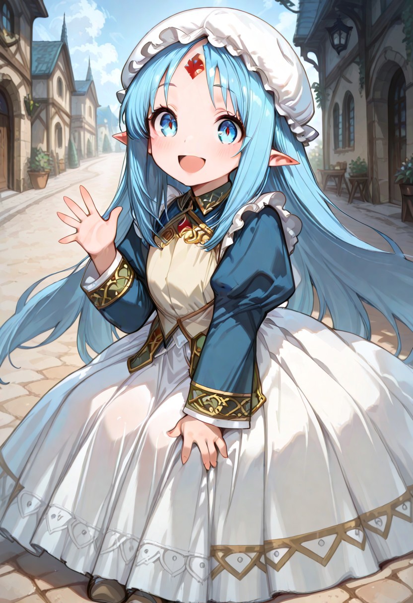 masterpiece, best quality, good quality, very awa, very aesthetic, absurdres, newest, gr4ph1t3, beautiful eyes, perfect eyes, detailed eyes, 1girl, solo, eset_kalar_il ,pointy ears,blue hair,long hair,blue eyes,red gem forehead,, Victorian style maid clothes, full sleeves, long apron, classic, maid mob cap, beautiful eyes, looking at viewer, happy, open mouth, on knees, very cute, blush, heartwarming, waving hand, closeup, outdoors, intown, fantasy