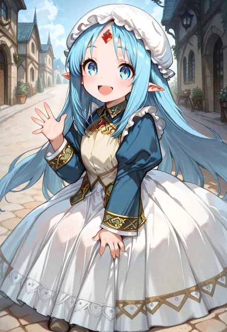 masterpiece, best quality, good quality, very awa, very aesthetic, absurdres, newest, gr4ph1t3, beautiful eyes, perfect eyes, detailed eyes, 1girl, solo, eset_kalar_il ,pointy ears,blue hair,long hair,blue eyes,red gem forehead,, Victorian style maid clothes, full sleeves, long apron, classic, maid mob cap, beautiful eyes, looking at viewer, happy, open mouth, on knees, very cute, blush, heartwarming, waving hand, closeup, outdoors, intown, fantasy