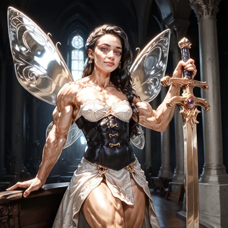 Action scene, detailed, photo realistic, hyper realistic, score_9, rating_safe, solo ((arch fey, violet eyes, (beautiful woman, white underbust corset, sword belt, and holding a sword), (huge muscles, small petite breasts, muscular thighs, muscular biceps, muscular shoulders, toned abs), (bronze metallic gold skin ral-polishedsteel), (fairy wings), (long black hair))), (standing next to a multicolored crystal throne, in a detailed throne room filled with treasures, detailed lighting), hi res, hi quality, 4k, concept art, digital art, realistic, detailed background, lens flare, pixel art, piratical beauty, great lighting