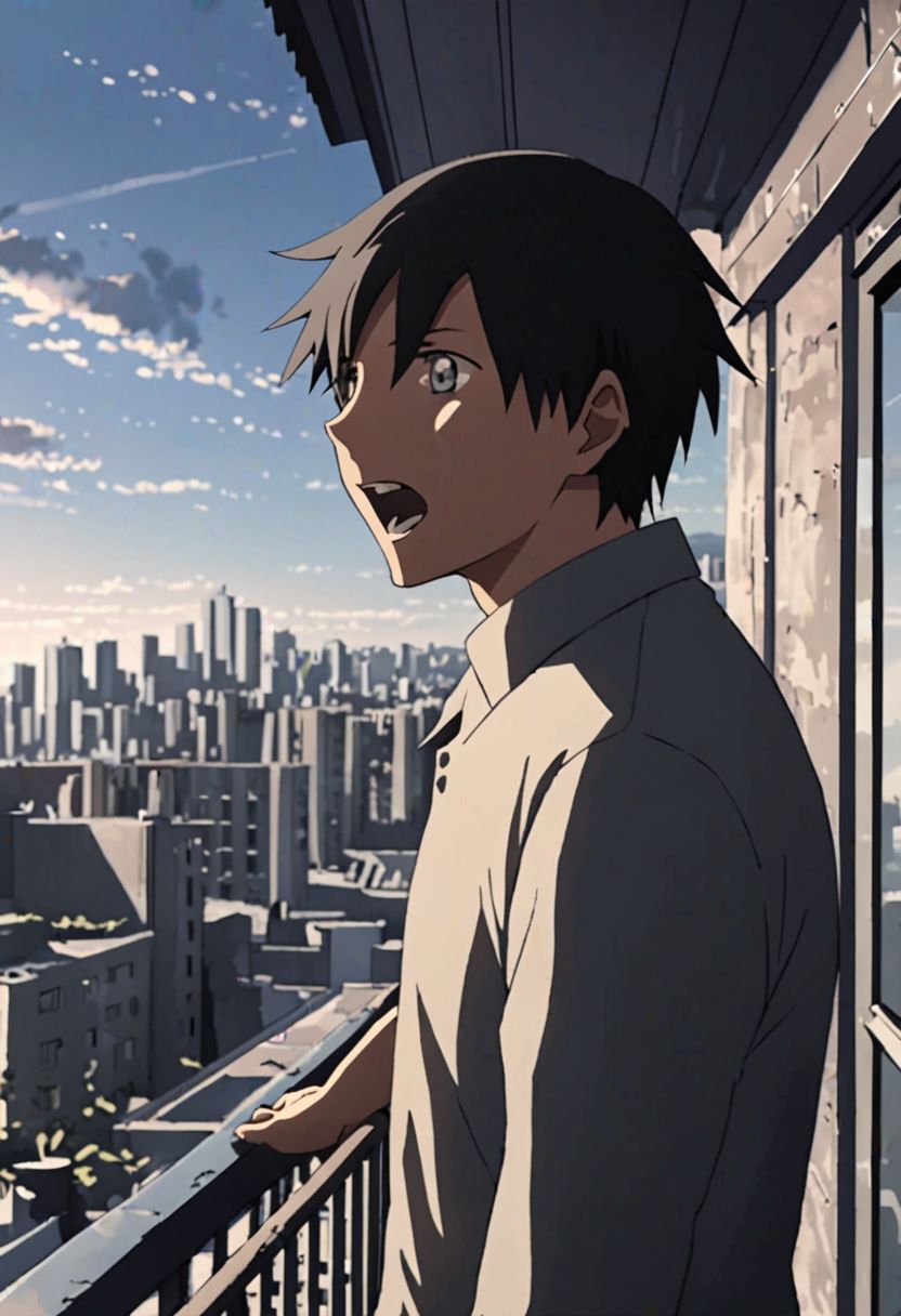 Highres, Masterpiece, High Quality, 4K, 8K, solo, 1Boy, Takaki Toono, adult, black hair, short hair, high-rise rooftops, city view, wide sky, strong wind, portrait, enthusiastic, excited, standing, dramatic, window, balcony, building, easynegative, detailed_eye_model