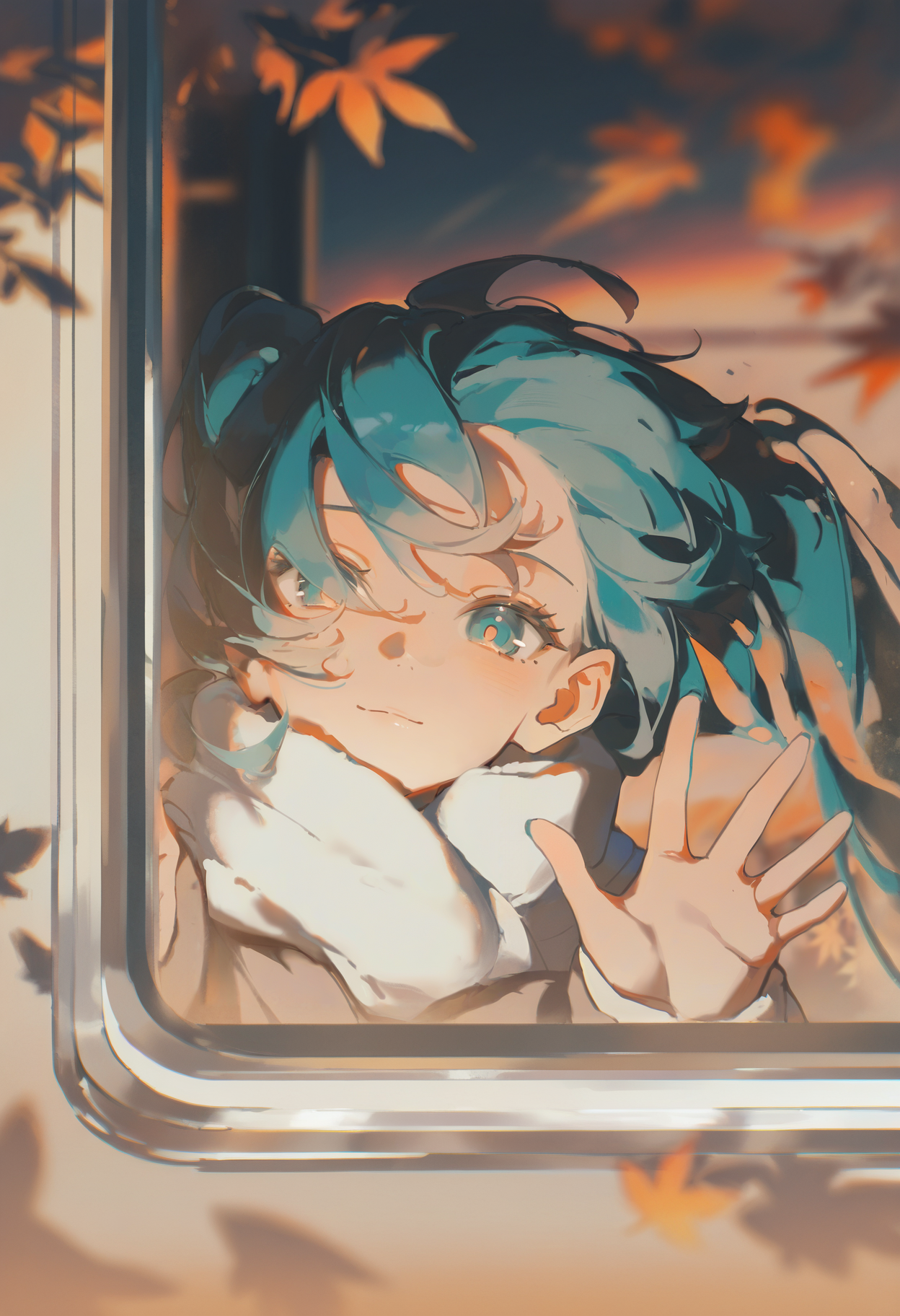 very awa, masterpiece, best quality, newest, absurdres, highres, <lora:artist_niukou_kouzi_vpred_v2:1>
hatsune miku, solo, train, wind, winter coat, scarf, autumn, orange leaves, blurry background, sunset, light smile, white scarf, warm color palette, from outside, close-up, window, (leaning out of window:1.2), waving,