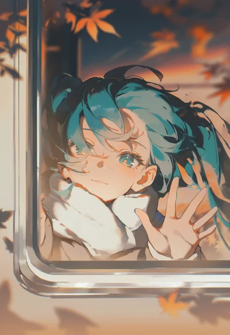 very awa, masterpiece, best quality, newest, absurdres, highres, <lora:artist_niukou_kouzi_vpred_v2:1>
hatsune miku, solo, train, wind, winter coat, scarf, autumn, orange leaves, blurry background, sunset, light smile, white scarf, warm color palette, from outside, close-up, window, (leaning out of window:1.2), waving,