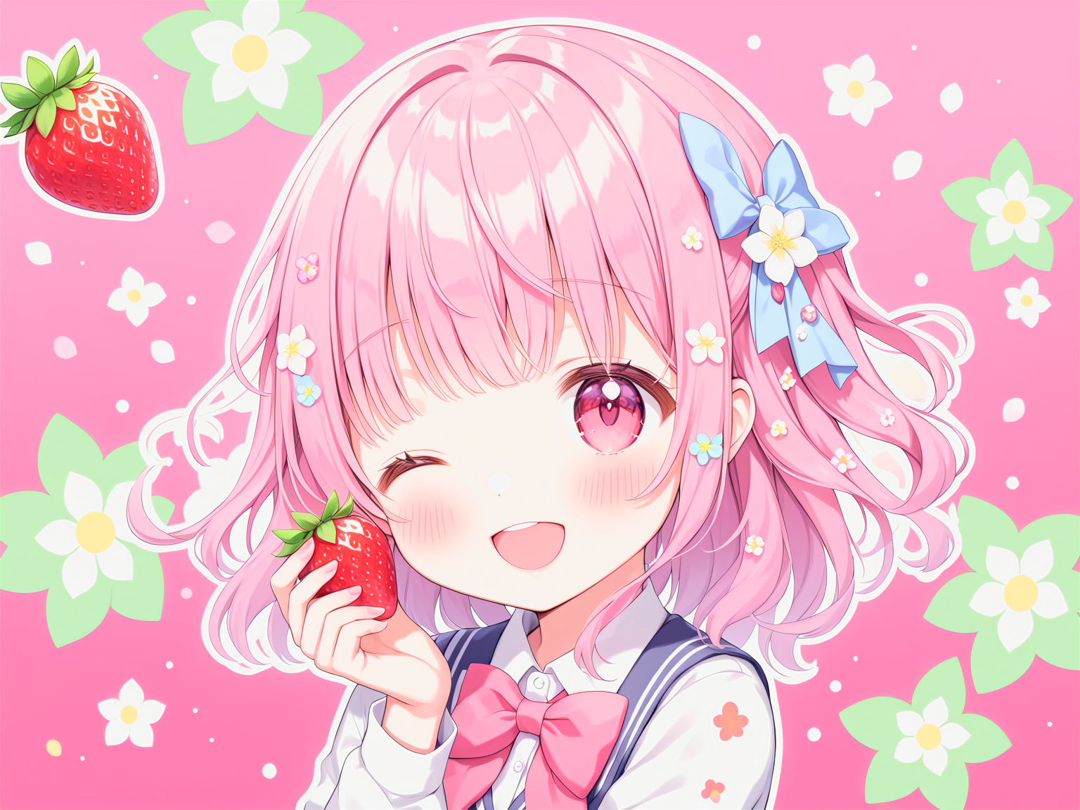 (cute girl),solo,school uniform,(happy:1.2),(girl draws strawberry),strawberry diffusion!