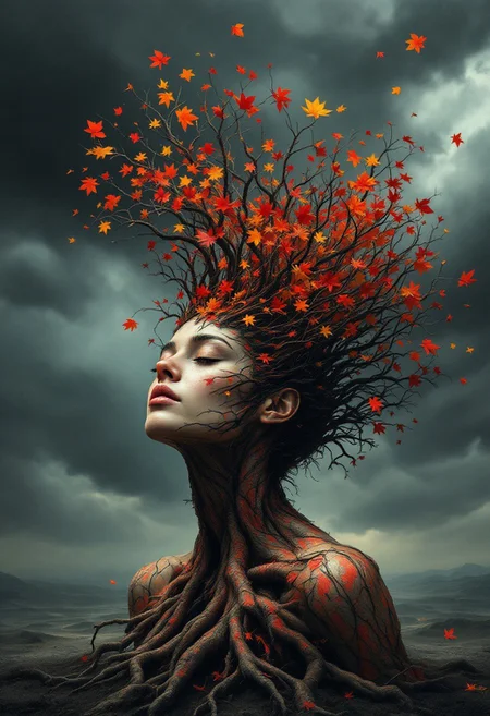 A vivid full-color surreal portrait, where the woman’s shoulders sink into tangled, dark roots, their surfaces layered with peeling, deep-red bark that crumbles at the edges. Her neck is a sturdy but weathered tree trunk, split in places where fresh golden sap oozes from deep cracks.
Her face is serene, eyes closed, but from her scalp, a tangled mass of autumn-red branches rise into the air, covered in vibrant, crimson leaves. The wind pulls at her canopy, making her leaves scatter into the sky, their colors bright against the deep gray storm clouds rolling in the background.
The world around her is in transition—the last remnants of autumn clinging to the edges of the landscape as winter slowly encroaches. The wind shifts again, carrying one final golden leaf upward, twirling against the backdrop of her dissolving branches.