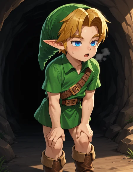 masterpiece,best quality,amazing quality
BREAK
ylink,young link,solo, forward leaning,sweat,open mouth,(exhasuted),heavy breathing,half closed eyes,blue eyes, short hair, blue eyes, blonde hair,  1boy, hat, male focus, short sleeves, boots, pointy ears, belt, buckle,  green headwear, brown belt, green tunic,cave
BREAK
<lora:younglink_ill_896_1152_v1:1>