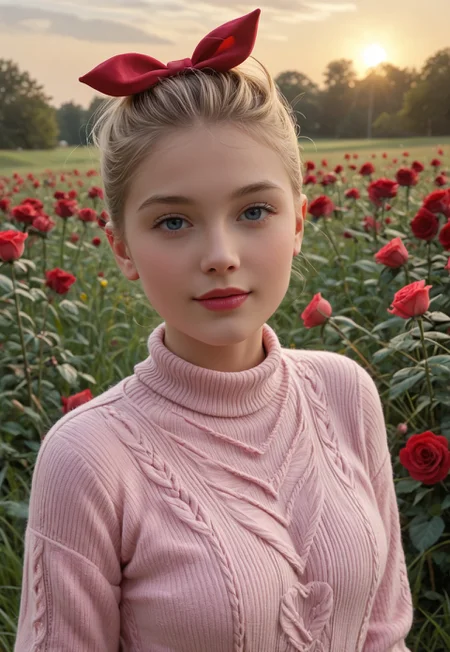 score_9, score_8_up, score_7_up, realism, masterpiece, ultra-detailed, high resolution,
1girl, Wiske, blonde hair, short hair, hair slicked back, red bow in hair, pink sweater dress, pink sweater, big red heart on sweater, Valentine's Day, looking at viewer, spring environment, grass, flowers, roses, cozy,lovecore,Hearts,love,Red,pink,white, best quality, dynamic pose, masterpiece, volumetric lighting, sunny day, lots of details, high resolution, 8K, colorful, dynamic shot,expressiveh, close-up,