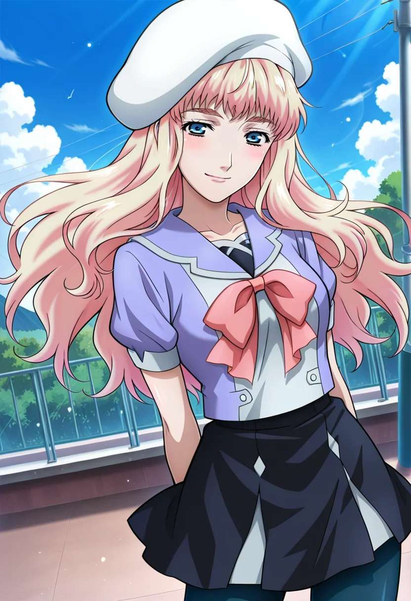school, outdoor,
BREAK,
light smile, looking at viewer,
cowboy shot, dynamic angle,
BREAK,
<lora:sherylX_illustriousXL_v01:0.9>
sheryl nome, sherylMihoshi, blonde hair, gradient hair, blue eyes, white beret,
school uniform, pink bow, black skirt, purple shirt, mini skirt, short sleeves,
blue pantyhose,, source_anime, very aesthetic, anime coloring, masterpiece,
best quality, amazing quality, ultra detailed, very aesthetic,
detailed background,
BREAK,