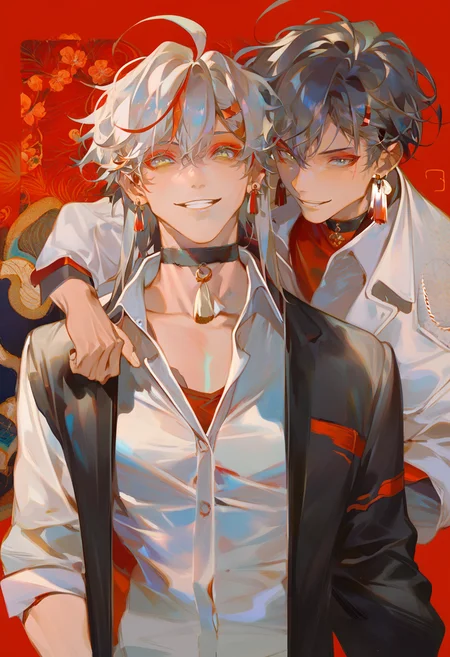 score_9, score_8_up, score_7_up, score_6_up <lora:reiXL_AutC_lokr_V43P1:0.95> virtual youtuber, multiple boys, 2boys, black hair, male focus, jacket, jewelry, shirt, red background, yellow eyes, earrings, floral print, black jacket, smile, makeup, red hair, looking at viewer, red eyeshadow, grey hair, multicolored hair, choker, grey eyes, white jacket, red eyeliner, white shirt, eyeshadow, tassel earrings, simple background, long hair, eyeliner, medium hair, collared shirt, hair ornament, open jacket, open clothes, upper body, red shirt, hair behind ear, hairclip, tassel, ahoge, black choker, hair between eyes, streaked hair, parted lips, single earring