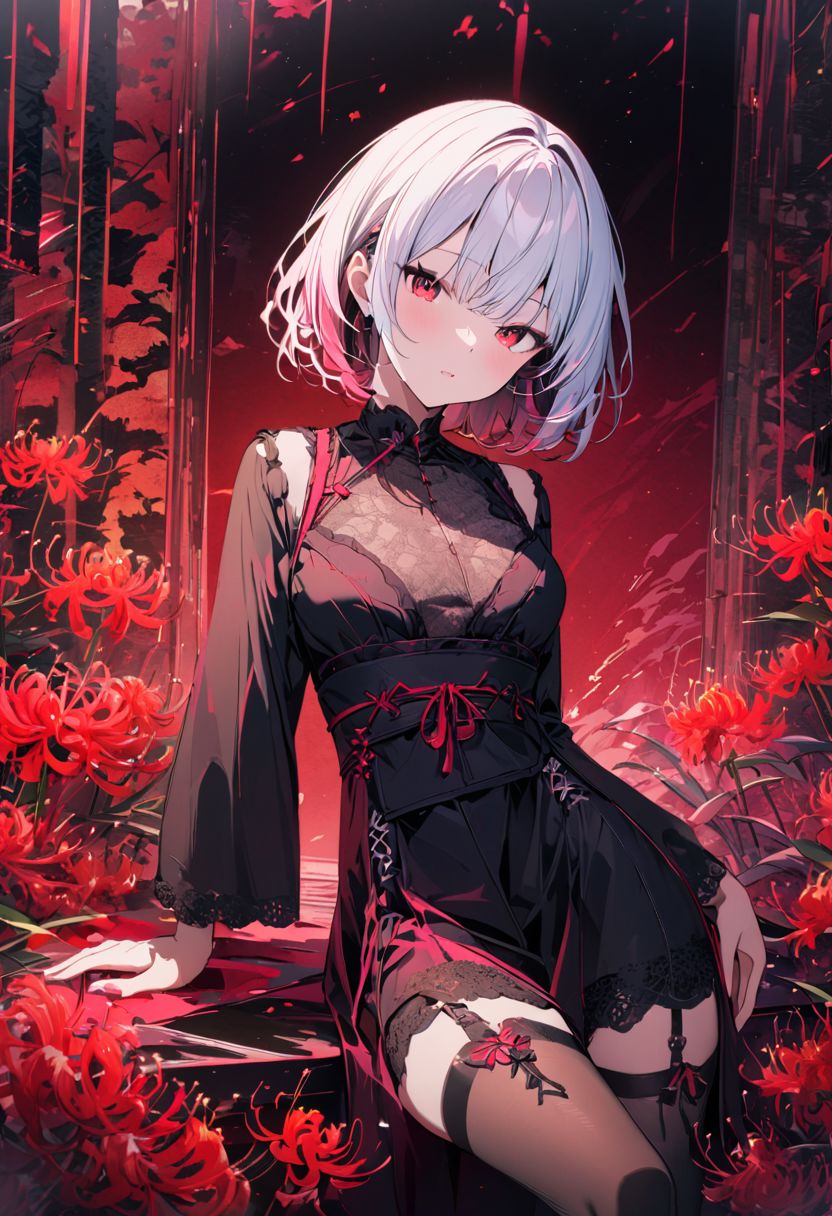 , {Japanese style Interior},  Spider Lily in background
, Side sitting, medium_breasts
,  {best quality},  {{masterpiece}}
, {highres}, {an extremely delicate and beautiful}
, original, extremely detailed wallpaper,1girl
, {COLORFUL}, {VIVID COLORS}, {VIVID}, {flat color}
, {Hand detail}, {{Correct hand structure}}
, white hair,short hair,pink Dip Dye hair
, vampire girl,grit
, (HDR), (8k), (32k), (masterpiece:1.1), (Best quality)
, (Ultra detailed red eyes), half-closed eyes,
, black Lace slit dress, (black suspender stockings)