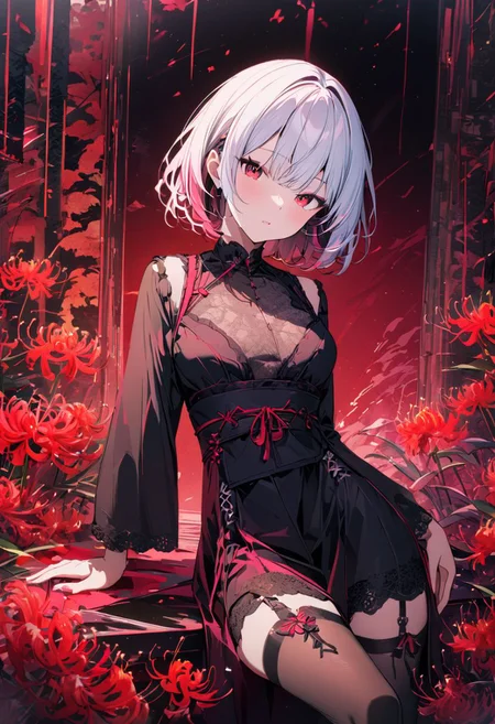 , {Japanese style Interior},  Spider Lily in background
, Side sitting, medium_breasts
,  {best quality},  {{masterpiece}}
, {highres}, {an extremely delicate and beautiful}
, original, extremely detailed wallpaper,1girl
, {COLORFUL}, {VIVID COLORS}, {VIVID}, {flat color}
, {Hand detail}, {{Correct hand structure}}
, white hair,short hair,pink Dip Dye hair
, vampire girl,grit
, (HDR), (8k), (32k), (masterpiece:1.1), (Best quality)
, (Ultra detailed red eyes), half-closed eyes,
, black Lace slit dress, (black suspender stockings)
