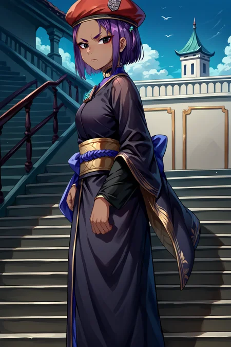 score_9, score_8_up, score_7_up, score_6_up, source_anime, 1girl, solo,  <lora:vc4chiara-pdxl-nvwls-v1-000006:1> vc4chiara, purple hair, short hair, dark-skinned female, black eyes, red beret, black kimono, serious, sash, from side, looking at you, full body, stairs, blue sky, clouds