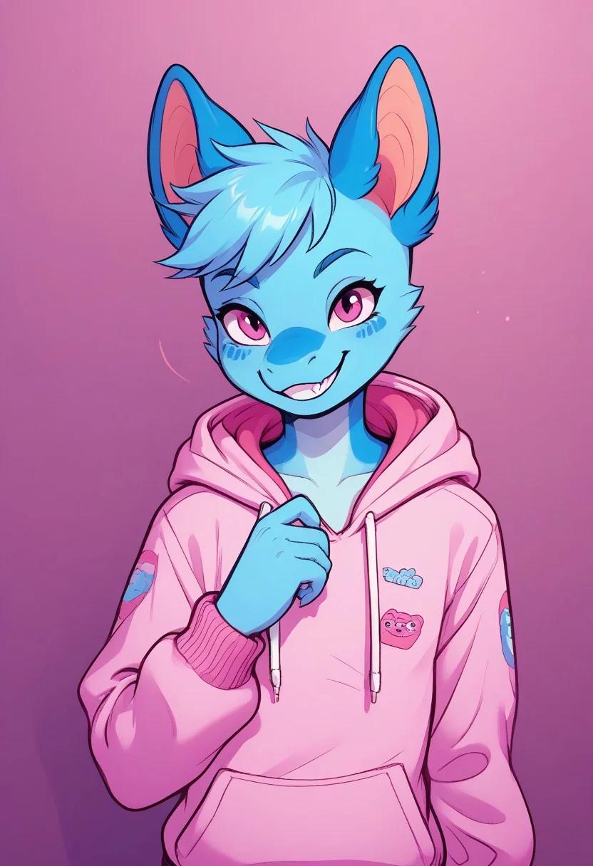 (easynegative 1) dragon, anthro, furry, young, miniature, male, o, blue body, girly, wide smile, teeth,, playful, smirk, hoodie, solo, looking at, cute, , good_hands