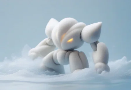 Gundam in soft white made of felt battling in water (eco-brutalism:1.2)