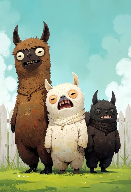fugglers, A medium-close-up view of three different colored alpacas standing in a grassy field. They have longer hair and look very fluffy. The alpaca on the left is facing the camera, while the other two are facing the right. They are all facing the same direction, and their bodies are slightly angled to the left. The back of the alpaca is slightly angled towards the left side of the image, and the front of the one on the right is facing towards the right side. Behind them is a white fence, and in the background is a blue sky with white clouds. CreeepyCuteMagic, ppstorybook