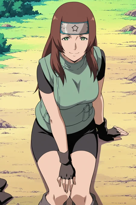 anime coloring, anime screencap, masterpiece, best quality, amazing quality,
outdoors
<lora:Natsuhi_Naruto:1>
mature woman, 1girl, solo, long hair, green eyes, brown hair,
fingerless black gloves, light green vest, black bike shorts, forehead protector, konohagakure symbol, boots,
looking at the viewer, sexy smile, sitting on the ground,