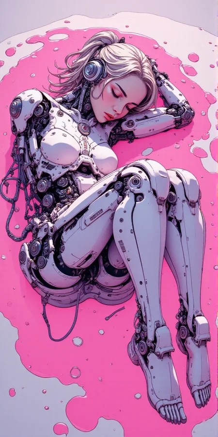 A digital artwork in the style of cknc, beautiful cyborg girl curled up and sleeping inside of artificial womb machine, her robotic body is submerged in pink transparent fluid<lora:ck-nc-pastel-cyberpunk:1.2> <lora:BLUE_mk4_angel_FLUX_01:1.3> <lora:CPA:1>