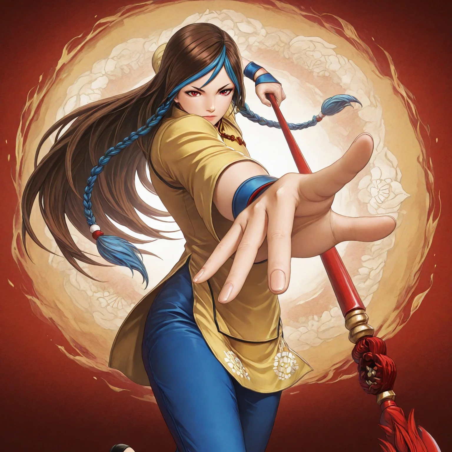 masterpiece, best quality, amazing quality, very aesthetic, absurdres, intricate details, vibrant colors, 1990s \(style\), Kof Style, 3d, blender render, male focus, shionxi, 1boy,  androgynous, red eyes, long hair, brown hair, two tone hair, blue hair, twin braids, yellow tunic, blue pants, black flats, chinese clothes, DPDV1.0, dynamic pose, polearm, holding polearm, holding weapon, weapon, gatotsu stance,  foreshortening, dynamic action, ki aura,  best hands, detailed eyes, HDeyes, best face, detailed background, cowboy shot, detailed,