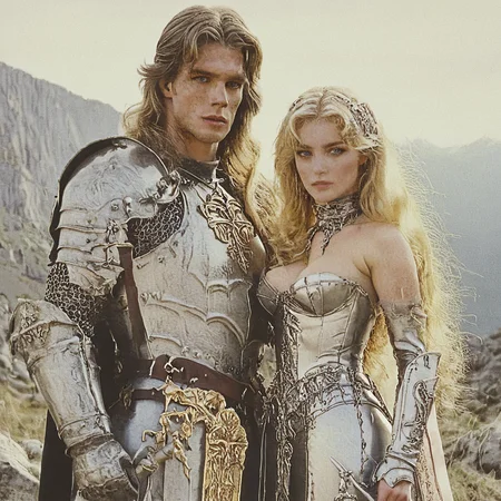 <lora:80s_Fantasy_Movie:1> ArsMovieStill, 80s Fantasy Movie Still, The image shows a man and a woman dressed in medieval armor standing in a mountainous landscape. The man is on the left side of the image wearing a full suit of armor with a large sword in his hand. He has long blonde hair and is looking directly at the camera with a serious expression. The woman on the right side is wearing a strapless silver dress with intricate details and a choker necklace. She has long flowing blonde hair that is styled in loose waves. The background shows a rocky landscape with mountains in the distance. The image appears to be a promotional poster for a movie or TV show., 1girl, weapon, sword, blonde hair, armor, 1boy, long hair, breasts, blue eyes, cleavage