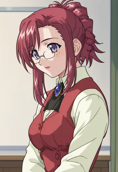 source_anime, score_9, score_8_up, score_7_up, white background, 1girl, solo, cowboy shot, <lora:KazamiMizuho:0.8> kazami mizuho, glasses, ponytail, teacher, vest, brooch