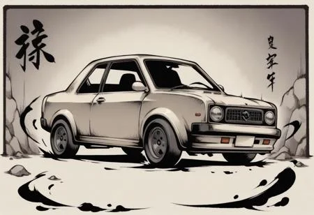 sumi-e, minimalist style, heavy ink, thick lines, smudged lines,
Chandra gasps in shock as a car crashes into the wall