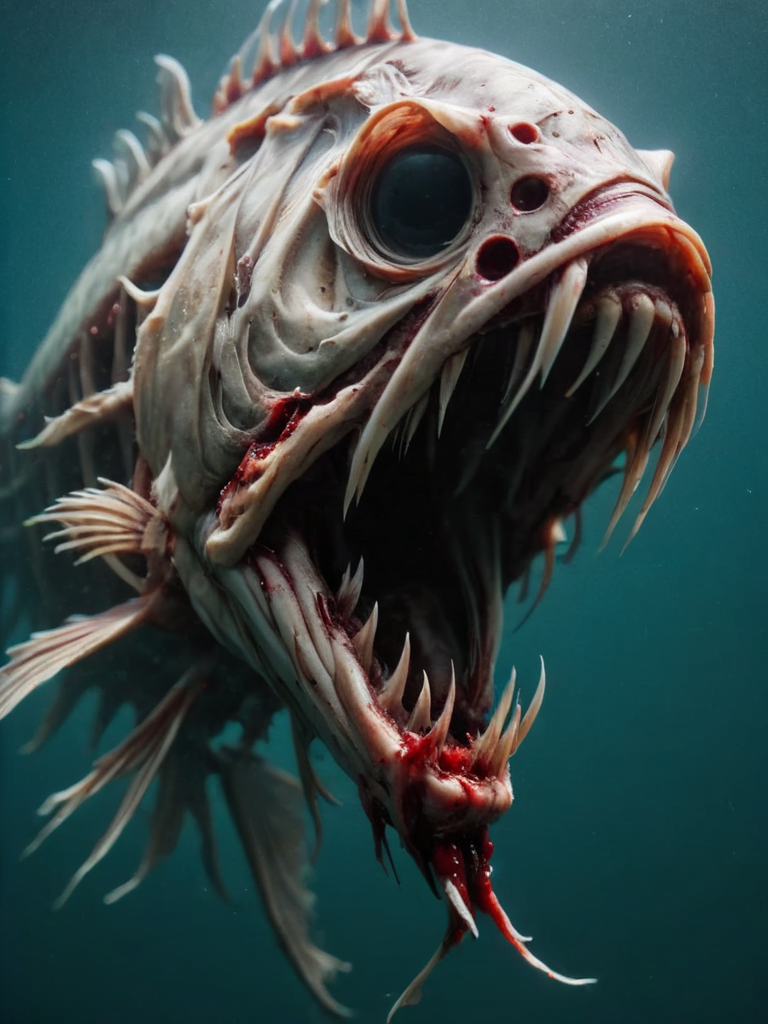 underwater, fish, dead fish, fishbone, huge teeth, blood in water, dead fish fighitng over meat, zkeleton<lora:zkeleton-sdxl:1>