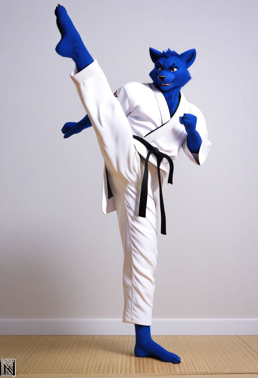 (((Barefoot furry character, full body, cinematic setting, furry male, plantigrade))) 
(((Beast from X-Man))), muscular, beefy, brawny, (((wears white kimono and lonh white pants))), (((performs karate kick))), high kick, lifted leg,  blue fur on entire body
BREAK, detailed background, 8K, (masterpiece:1.5), intricate details, highly detailed, extreme detail, octane render, fine art, best quality, highres, (detailed face:1.5), ((full_body)), UHD, (((perfect hands))), low light