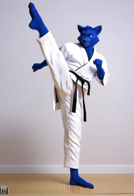 (((Barefoot furry character, full body, cinematic setting, furry male, plantigrade))) 
(((Beast from X-Man))), muscular, beefy, brawny, (((wears white kimono and lonh white pants))), (((performs karate kick))), high kick, lifted leg,  blue fur on entire body
BREAK, detailed background, 8K, (masterpiece:1.5), intricate details, highly detailed, extreme detail, octane render, fine art, best quality, highres, (detailed face:1.5), ((full_body)), UHD, (((perfect hands))), low light