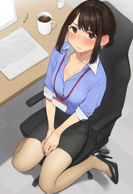 yomu (sgt epper), douki-chan (douki-chan), ganbare douki-chan, 1girl, blouse, blue shirt, blush, breasts, brown eyes, brown hair, chair, checkered floor, coffee mug, collarbone, collared shirt, computer, computer mouse, cup, desk, disposable coffee cup, disposable cup, earrings, formal clothes, from above, frown, high heels, jewelry, lanyard, laptop, looking at viewer, medium breasts, miniskirt, mug, office, office chair, office lady, own hands together, pantyhose, paper, pen, pencil skirt, see-through clothes, see-through legwear, shirt, sidelocks, sitting, skirt, skirt suit, sleeves rolled up, solo, suit, swivel chair, zPDXL3