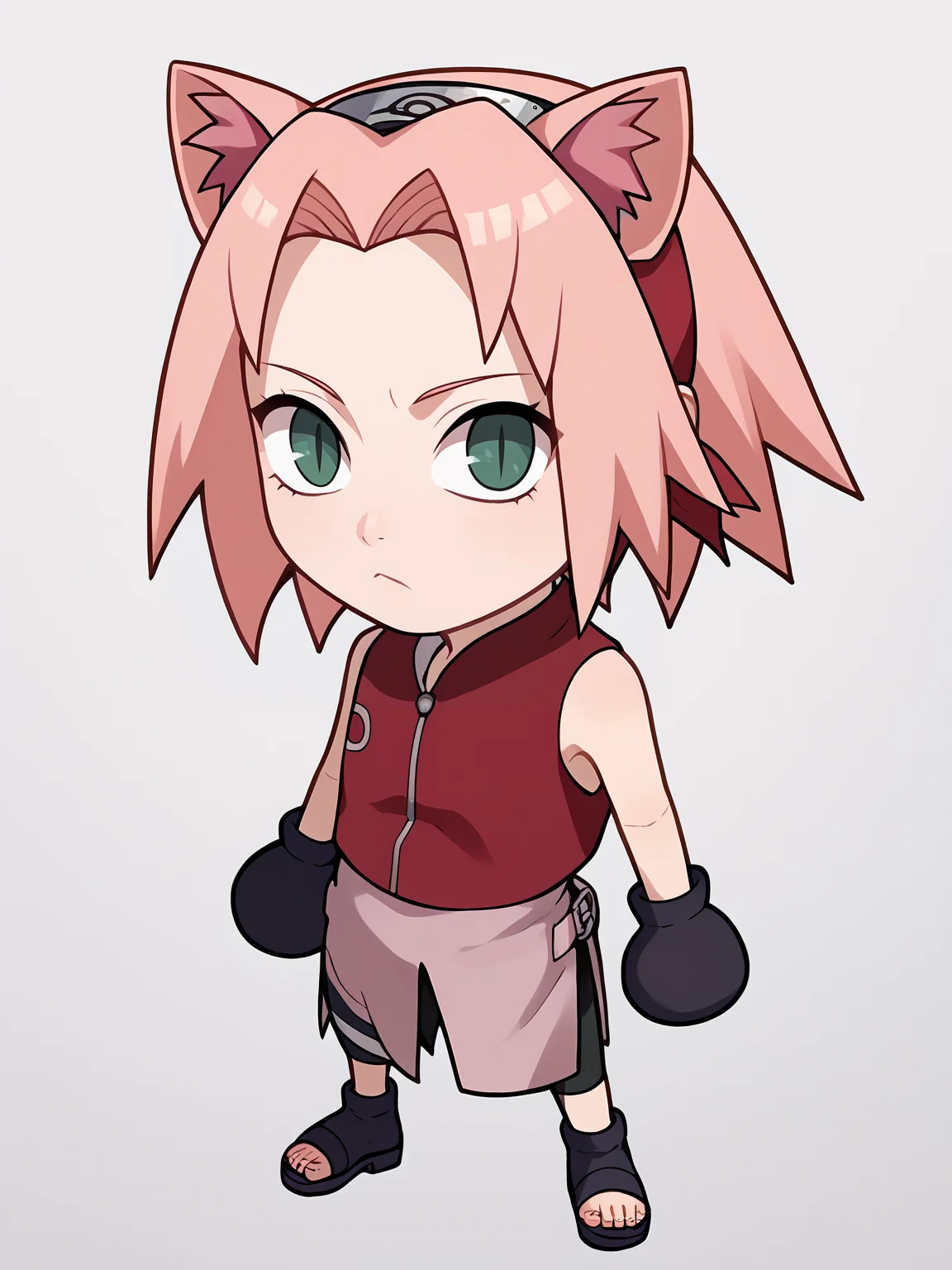 score_9, score_8_up, score_7_up, BREAK,
1girl, necoarc, cat ears,
haruno sakura, pink hair, short hair, green eyes, sleeveless, red shirt, forehead protector, bike shorts, shorts, black gloves,
standing, chibi, slit pupils, solo, full body, white background <lora:necoarc-guy-PONY-v1:1> <lora:SakuraShippudenXL:1>