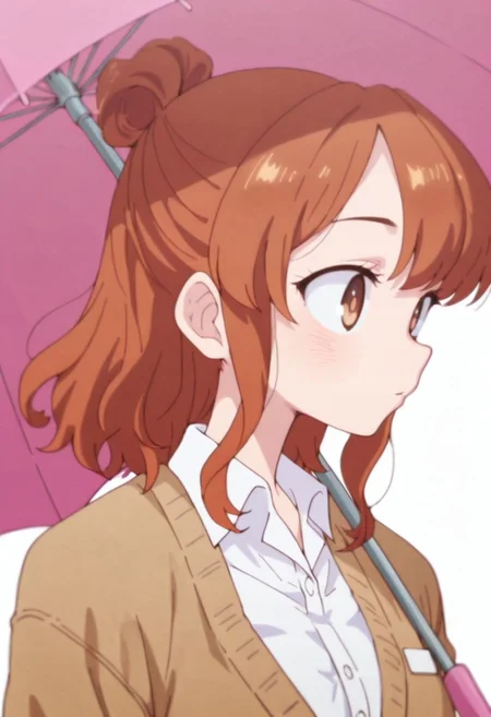 masterpiece, best quality, amazing quality, very aesthetic, absurdres, diives,
masterpiece, 8K, depth of field, focused subject, best quality,newest, absurdes,
Moeko Sekine, 1girl, solo, brown eyes, brown hair, single hair bun,Moeko blue blazer (outfit), collared shirt, white shirt | pink umbrella | holding umbrella
,dynamic pose,simple background, white background,