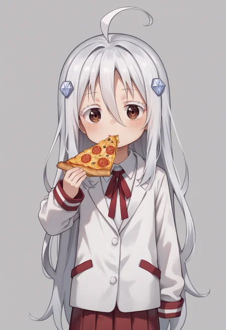 score_9, score_8_up, score_7_up,
1girl, solo, HikariKongou, child, long hair, very long hair, white hair, hair ornament, white eyelashes, hair between eyes, ahoge, brown eyes,  <lora:HIKARI_PONY:0.8>
school uniform, oversized clothes, jacket, white jacket, closed jacket, shirt, collared shirt, white shirt, long sleeves, red neck ribbon, red skirt, plead skirt
hud_e4ting, holding pizza slice, holding food, eating  <lora:eating_slice_of_pizza:0.7>  looking at viewer,