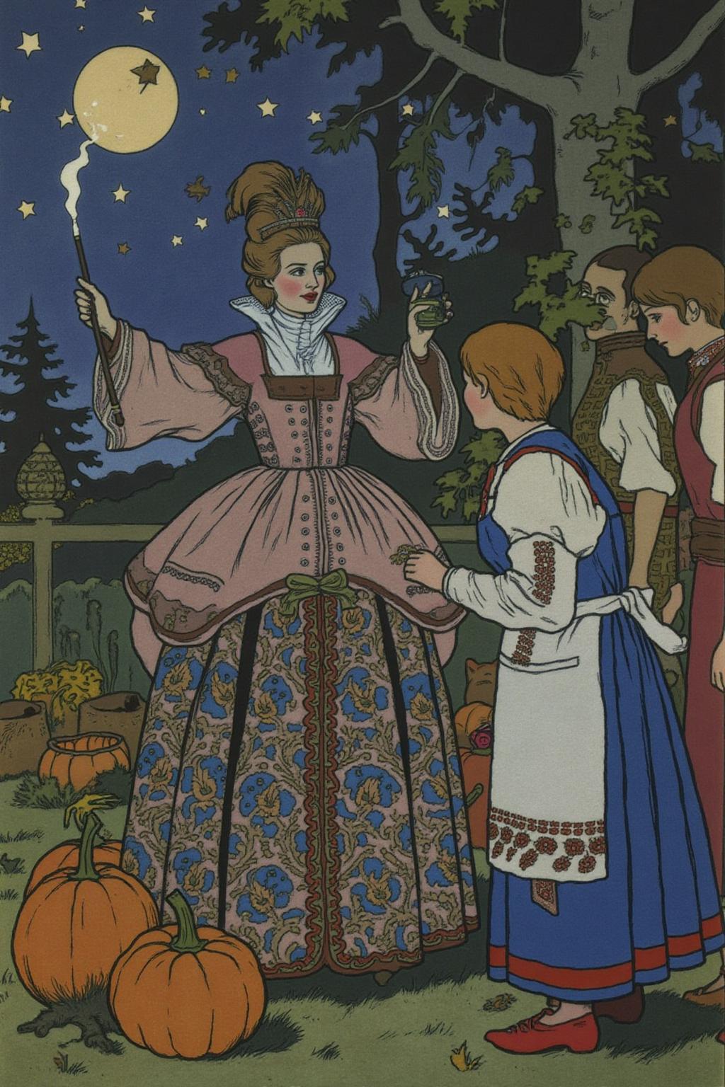 ivanbilibin1 illustration. 
dulac1. 
an elegant fairy godmother in the center. She is dressed in an elaborate, ornate gown with a voluminous, flowing skirt adorned with intricate embroidery and lace, typical of 18th-century Rococo style. Her hair is styled in an elaborate updo with a delicate headpiece. She holds a wand, glowing softly with a blue light, pointed at some pumpkings on the ground, A young woman with a blue dress and aprons is looking at the pumpkings
The background is a moonlit night with a deep blue sky filled with stars, setting a mystical atmosphere. 
  <lora:ivanbilibin1_cap_d6a3:1.0><lora:835910372499300570:0>