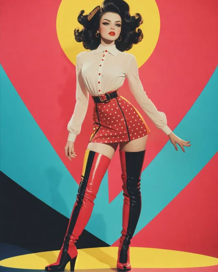 ( <'EM_1'> , <'EM_2'> <'EM_3'> , <'EM_4'> :0.8), (Sn0frid_v1), (style of David LaChapelle), [Pop Art:Fashion:0.6] explosion, vibrant colors and patterns, adult woman standing confidently in a dynamic pose, surrounded by a whirlwind of comic book-style elements and graphic motifs, bright primary colors, ((bold and eclectic outfit)), oversized polka dot blouse with exaggerated puff sleeves, geometric print high-waisted skirt, vibrant knee-high boots in a striking contrast color, her accessories bold and playful with a retro twist, thick bangles, oversized sunglasses, hair styled in voluminous waves with a hint of 60s glamour, makeup featuring vibrant eye-shadow and a striking red lip, dynamic backdrop with a collage of pop art elements, Ben-Day dots, speech bubbles, and iconic imagery, energetic and electric, her presence commanding, encapsulating the essence of pop art with a modern fashion twist, the scene pulsating with color, movement, and a sense of playful rebellion. (backlit hair, skinny waist, sexy feminine hips, adult European adult woman, sheer shirt:1.35), (hip bones, perfectly lit, beauty face photo, beautiful horizon:1.25), (full body dynamic pose, full length, wide shot, entire person, standing, head to toe, long shot, distant view), (chin-length short hair, center part:1.33), (24 years old feminine, European adult woman:1.12), lightly freckled,,  <lora:30sTechnicolorMovieV2:0.55> (ArsMovieStill, movie still from a 1930s technicolor movie:0.55) <lora:Noise:1.25> NSE01