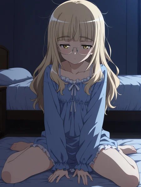 masterpiece, best quality, amazing quality, detailed background, perfect eyes, anime coloring, anime screenshot, 1girl, solo, perrine h. clostermann, blonde hair, long hair, messy hair, yellow eyes, nightgown, blue dress, long sleeves, frills, collarbone, half-closed eyes, sleepy, sitting, on bed, wariza, (indoors, bedroom, messy bed, dark, soft light:1.45)