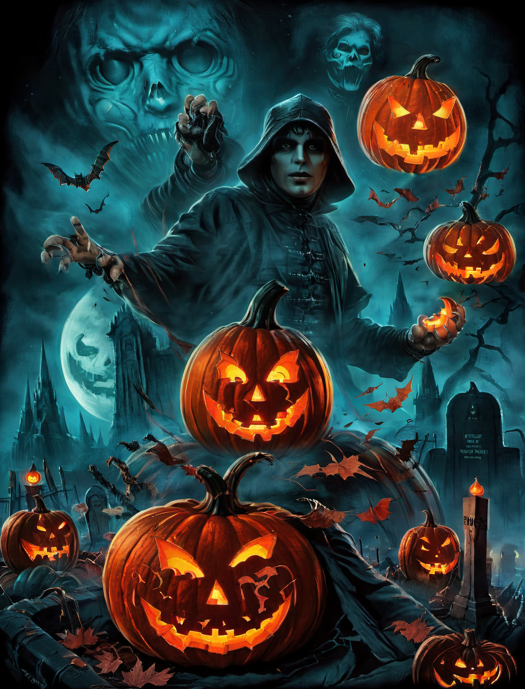 Horror-themed 80s-inspired horror movie poster, emphasizing the iconic cyan adn red palette of that era's cinema. Incorporate atmospheric elements such as the moon, fog, and mist to set the mood. Feature ((scary pumkins:2)), Use retro fonts for a fictional movie title, and complement it with taglines or quotes that evoke '80s horror
, <lora:80s_horror_poster_style-000009:1>, (masterpiece, best quality),ultra-detailed,add-detail-xl, DetailedEyes_V3, . Eerie, unsettling, dark, spooky, suspenseful, grim, highly detailed