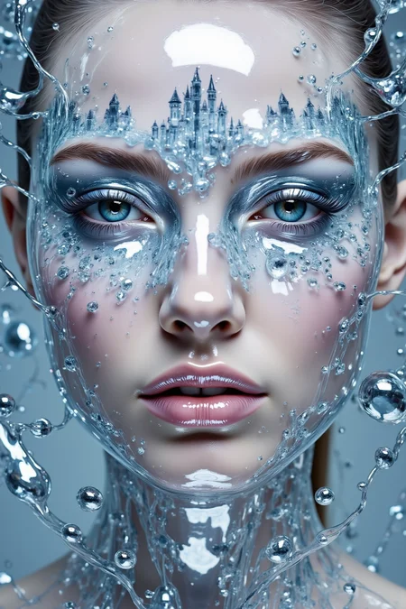 Acrylic, Translucent style, Eyes painted with a design of liquid mirrors, where the lids are covered in a reflective, mercury-like substance that ripples and distorts like a living pool, reflecting impossible scenes of floating castles. The lashes are made of mirrored shards, refracting light chaotically, and her irises are endless voids of reflection, pulling in the viewerâs gaze. Shot in a surreal, reflective light setup with a Sigma FP L, highlighting the liquid, reflective distortions.