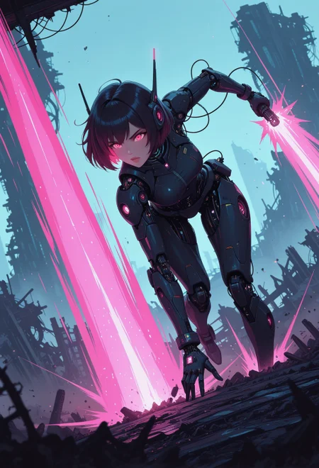 <lora:ck-Sommo-Concept-Art-IL-000012:0.8>, masterpiece, best quality, good quality, very aesthetic, absurdres, newest, 8K, depth of field, focused subject, portrait, 1girl, android, holding energy weapon, glowing bioluminecent, sci-fi, dynamic angle, blast wave, ruins, attack, fight, dynamic angle, motion lines,
in the style of cknc, in the style of ckjs,
<lora:ck-nc-cyberpunk-IL-000011:0.6>
<lora:MoriiMee_Gothic_Niji_Style_Illustrious_r1:0.5>