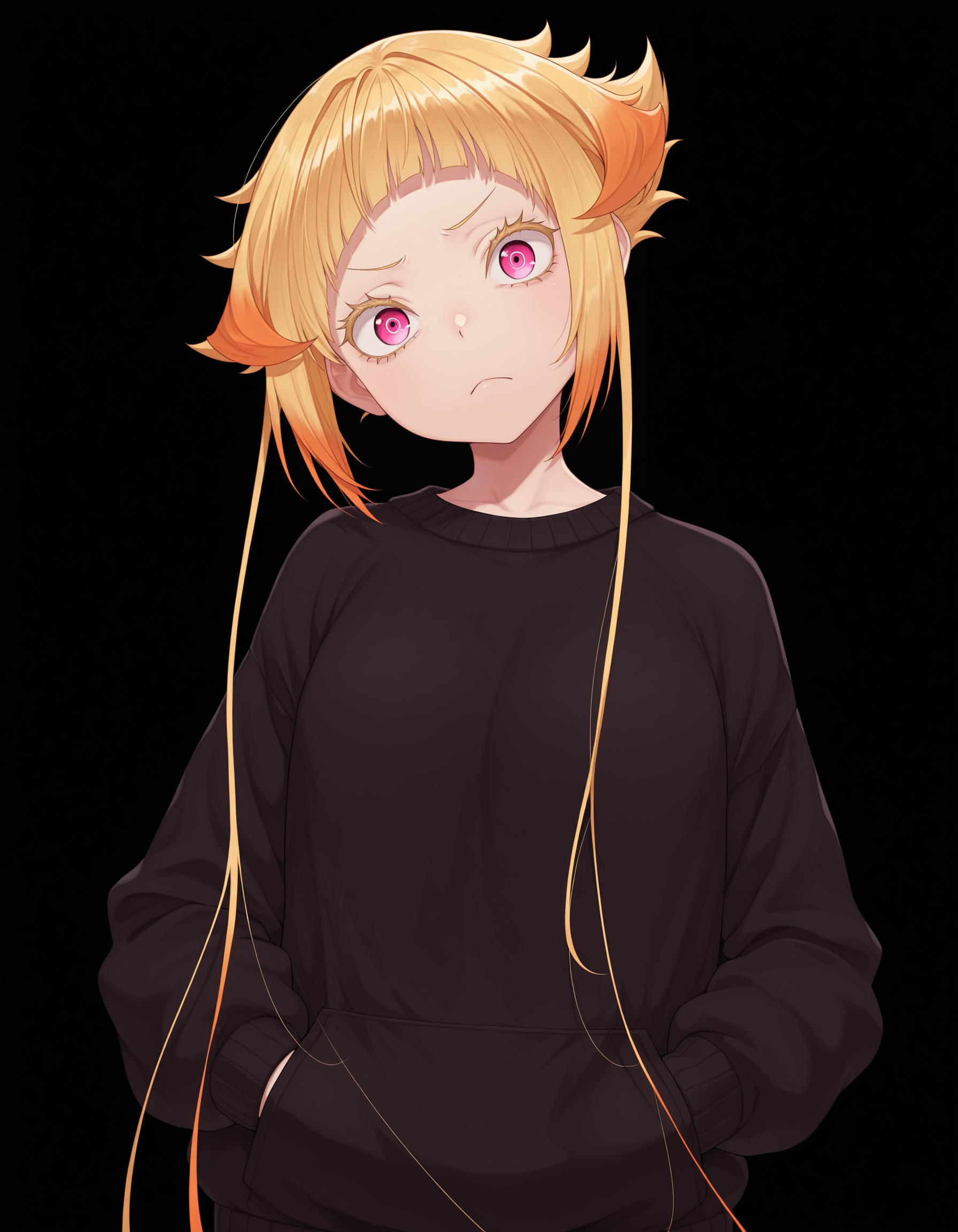 <lora:Capella Illu v3:1>
capell4, multicolored hair, blonde hair, orange hair, pink eyes, thick eyelashes, 
sweater, hands in pockets, head tilt, frown, looking at viewer, 
(simple background:1.4), (black background:1.4), masterpiece, best quality, amazing quality