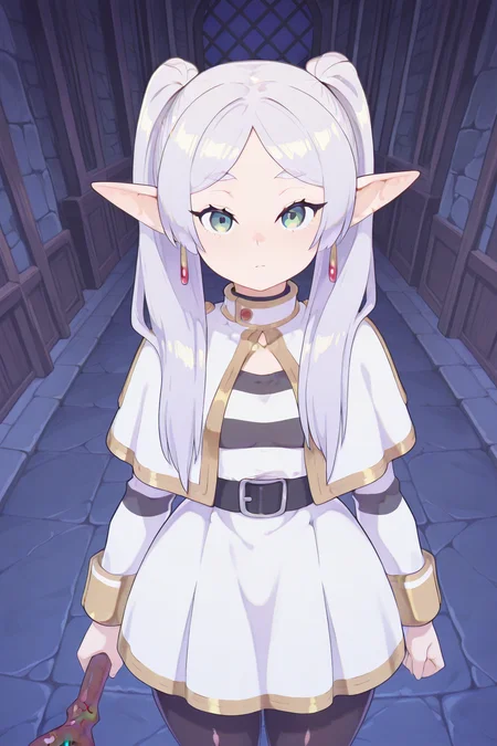 1girl,looking at viewer,facing viewer, front viewer,<lora:Kaikoinu:1>kaikoistyle, <lora:SousouNoFrieren_Frieren_IlluXL:1> FrierenCasual,grey hair, long hair, green eyes, twintails, parted bangs, earrings, pointy ears,small breasts,flatCasual, striped shirt, white capelet, black belt, white skirt, long sleeves, black pantyhose, holding staff, breasts,digital illustration,1girl, masterpiece, best quality,highres,