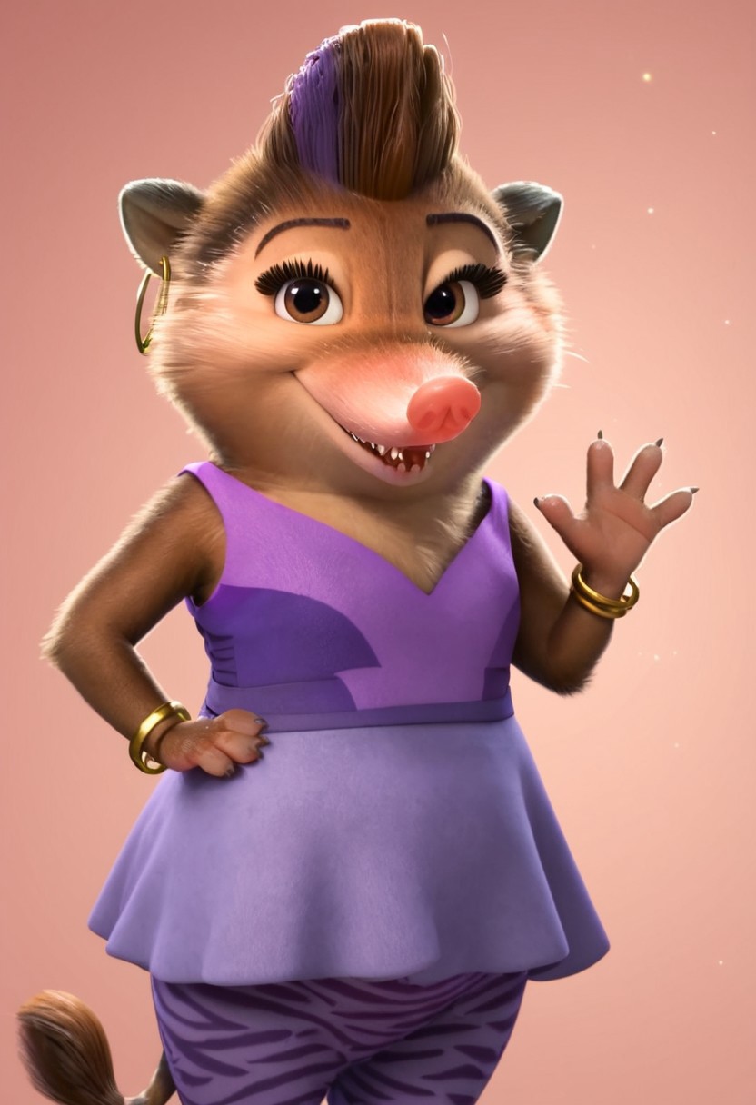 charisma_z+casual, furry, anthro, female arctic shrew, short brown hair, mohawk (one purple hair streak), tan golden-brown fur, long pink nose, big eyelashes, golden-brown eyes, golden-brown hands (four fingers), short claws, brown-gray feet, brown tail, sleeveless purple dress (light purple on front, dark purple on back), purple pants (zebra patterns), ears golden earrings (golden hoop rings), gold bracelet on right arm, score_8_up, score_7_up, BREAK, 1girl, solo, looking at viewer, smiling, waving at viewer, female focus, looking at viewer, detailed background, 4k, masterpiece, best quality, highly detailed, realistic, 3d, cowboy shot