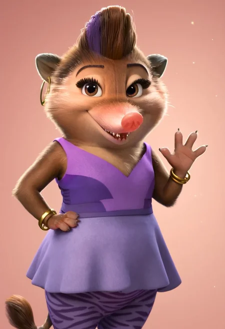 charisma_z+casual, furry, anthro, female arctic shrew, short brown hair, mohawk (one purple hair streak), tan golden-brown fur, long pink nose, big eyelashes, golden-brown eyes, golden-brown hands (four fingers), short claws, brown-gray feet, brown tail, sleeveless purple dress (light purple on front, dark purple on back), purple pants (zebra patterns), ears golden earrings (golden hoop rings), gold bracelet on right arm, score_8_up, score_7_up, BREAK, 1girl, solo, looking at viewer, smiling, waving at viewer, female focus, looking at viewer, detailed background, 4k, masterpiece, best quality, highly detailed, realistic, 3d, cowboy shot