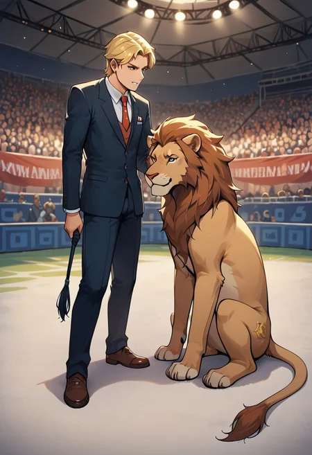 score_9,score_8_up,core_7_up, circus-tent, audience, sitting crowd, arena, 1boy, human, lion-tamer, holding whip, standing, full body, indoors, night, red suit, tassel applications on suite,
BREAK
wild animal, feral, lion, lion, feet on ground, hay on ground,