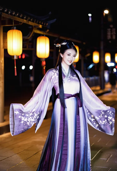 A still of an asian woman wearing traditional Hanfu, DSLR, Film Grain,  subtle light and shadow, bustling atmosphere, Nighttime, full body, calm expression,purple Hanfu,makeup, silk material, intricate patterns, long black hair, gently draped, smile,(her wide arms open,wide sleeves and long sleeves),(city street,Street Lights, urban background, street lamps, nightly urban ambiance:0.8),Depth of Field,Ancient Chinese architectural background
 <lora:Chinese style_Hanfu_SDXL_V1-lora-æ¼¢æ:0.7>, <lora:spo_sdxl_10ep_4k-data_lora_webui:0.5>, <lora:sdsFILM_v40-sdxl-V1:0.35>, hands,fingers,fingernails,