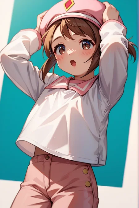 score_9, score_8_up, score_7_up, very aesthetic, source_anime, detailed, high quality, beautiful, masterpiece, detailed eyes,
simple background, blurry background,
<lora:lightXL:0.8>
cowboy shot, upper body,
hands on headwear, hands over head, looking up, blush, pink headwear, open mouth,
flat chest,
<lora:coquelicot_autismConfetti_v01:0.99>
coquelicot \(sakura taisen\), brown eyes, brown hair, short twintails, white shirt, long sleeves, pink pants, brown footwear,, zPDXL