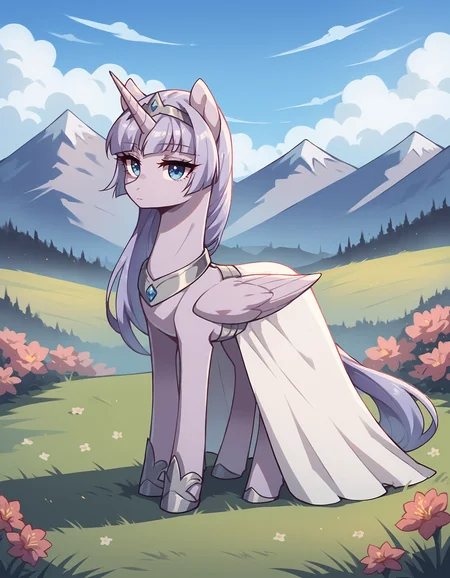 score_9, score_8_up, score_7_up, score_6_up, score_5_up, score_4_up, feral pony, alicorn, (blank flank:1.1), (melfina:1), light purple hair, blue eyes, silver hairband, white dress, expressionless BREAK outdoors, mountain, day, sky, flower, mountainous horizon, blue sky, grass <lora:Smooth Anime Style LoRA XL:1> <lora:melfina-ponyxl-1-000008:0.6>