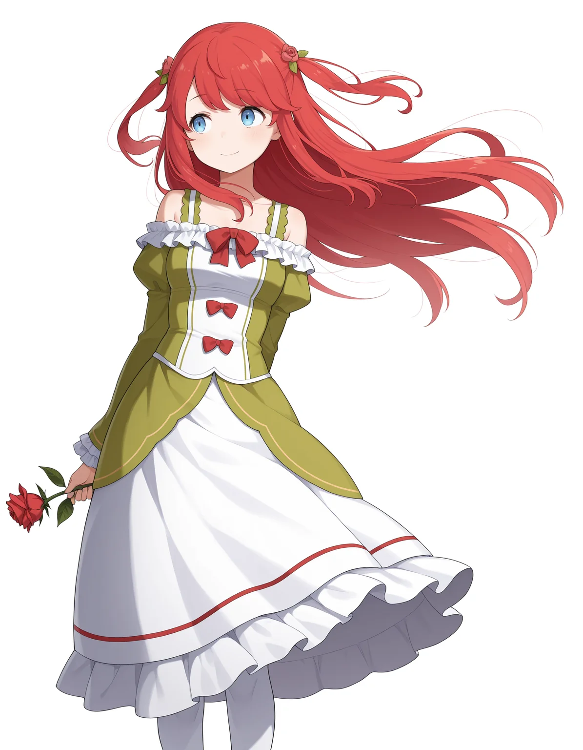 <lora:Theresia van Astrea Illu:1>
1girl, solo,
theresi4, red hair, blue eyes, long hair, two side up,
theresi4dress, green dress, off shoulder dress, bare shoulders, hair flower, frills, frilled sleeves, red bows, white pantyhose, white skirt, long skirt, juliet sleeves,
standing, holding rose, looking to the side, feet out of frame, floating hair, wind, one arm behind back, smile,
simple background, white background,, masterpiece, best quality, amazing quality